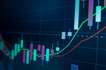 Blue Stock Exchange Market trading graph on screen monitor for economic and financial investment. Business analysis chart display. Stock invest infomation.