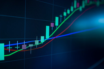 Blue Stock Exchange Market trading graph on screen monitor for economic and financial investment. Business analysis chart display. Stock invest infomation.