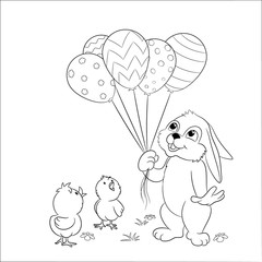 Easter picture with a rabbit, balloons and cute curious chickens.