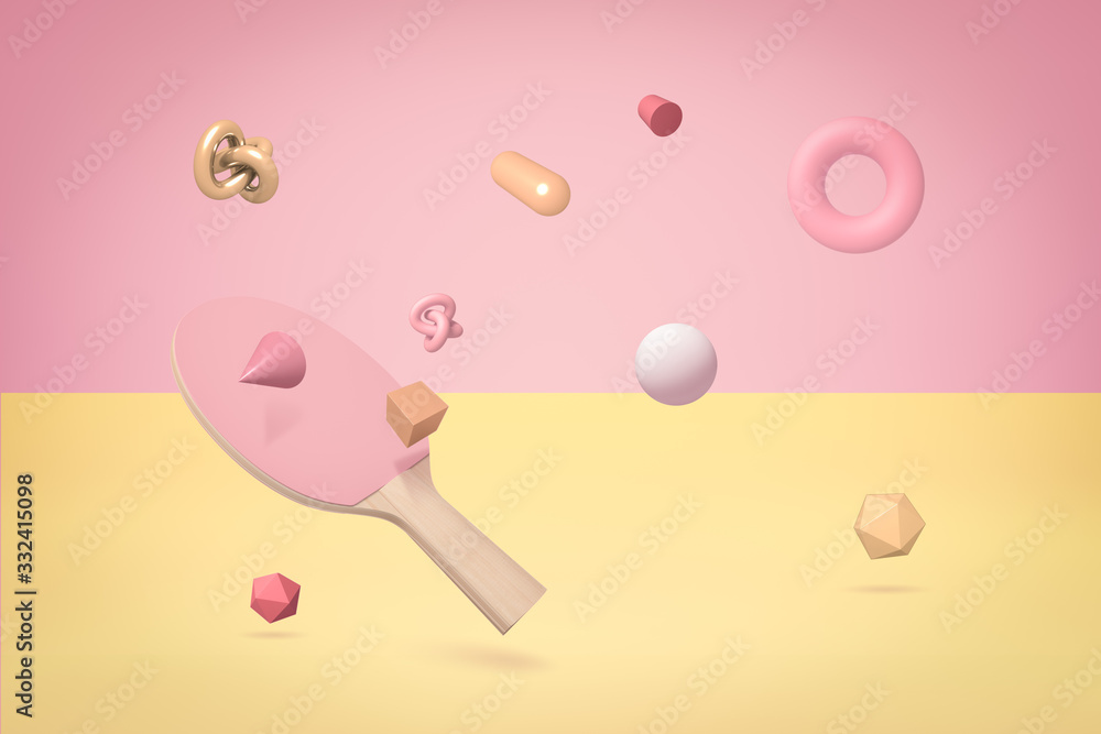 Poster 3d rendering of ping pong racket and ball with random objects on yellow pink background