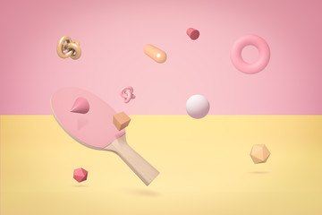 3d rendering of ping pong racket and ball with random objects on yellow pink background