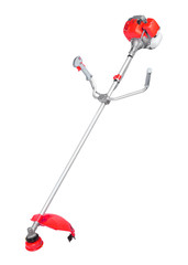 New modern red string trimmer with Gasoline-engine isolated on white background. Vertical shot.