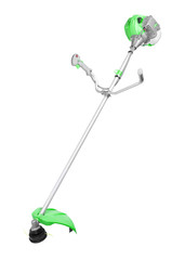 New modern green string trimmer with Gasoline-engine isolated on white background. Vertical shot.
