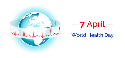Vector illustration for 7 April, World Health Day with the Earth in blue and white colors and normal cardiogram on a white background for use as a  poster, website, banner