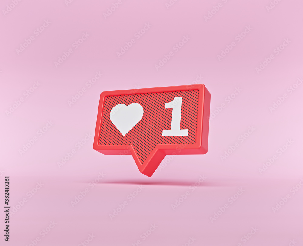 Poster social media like notification icon with heart. minimal symbol. 3d rendering