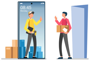 Obraz premium Symbolic commercial home deliver symbol. Courier truck of delivering boy with in house parcel, e commerce sign. Vector illustration icon. Express food, home delivery commercial online order concept.