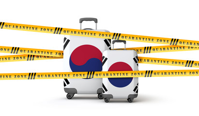 South Korea flag suitcase covered in quarantine zone tape. 3D Render