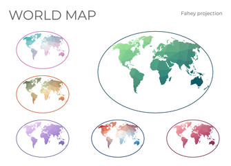 Low Poly World Map Set. Fahey pseudocylindrical projection. Collection of the world maps in geometric style. Vector illustration.