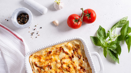 Homemade delicious Meat lasagna with basil leaf on the top. Close up. Recipe, menu. Italian cuisine. Top view