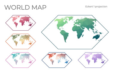Fototapeta na wymiar Low Poly World Map Set. Eckert I projection. Collection of the world maps in geometric style. Vector illustration.