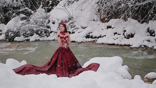 Portrait charming amazing cute young woman in fairy tale image in red royal dress stands in snow on background of winter forest with river with falling snow flakes