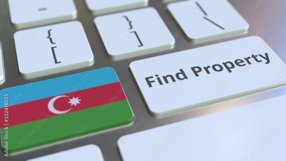 Poster find property text and flag of azerbaijan on the keyboard. online real estate service related concep