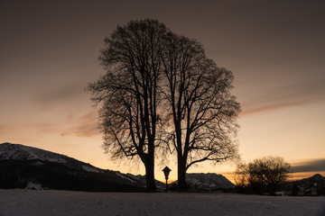 Naturdenkmal Wimmerkreuz im Abendlicht in Reit im Winkl