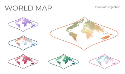 Low Poly World Map Set. Foucaut's stereographic equivalent projection. Collection of the world maps in geometric style. Vector illustration.