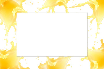 Orange juice splash concept. Light yellow color. Drop levitation. Sweet fruit. Liquid beverage. Healthy drink frame. Copyspace. Good for background.