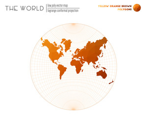World map in polygonal style. Lagrange conformal projection of the world. Yellow Orange Brown colored polygons. Neat vector illustration.