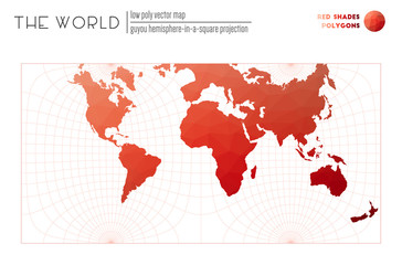 Vector map of the world. Guyou hemisphere-in-a-square projection of the world. Red Shades colored polygons. Modern vector illustration.