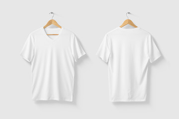 Blank White T-Shirt Mock-up on wooden hanger, front and rear side view. High resolution.