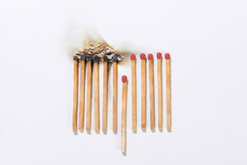 Burning matchsticks for social distancing concept to slow down the spread of COVID-19.      