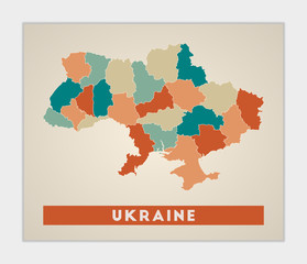 Ukraine poster. Map of the country with colorful regions. Shape of Ukraine with country name. Neat vector illustration.