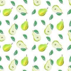 harvest sweet pears with leaves on white background fruit gouache illustration freehand drawn seamless pattern. Food pattern, painted manually
