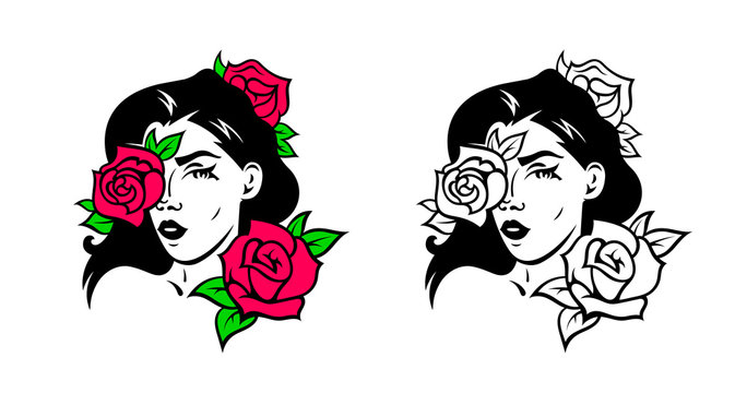 Vector illustrations of the face of a sexy girl with roses. Template for a tattoo, t-shirt print, sticker or logo. Retro badge in two versions. Color and black and white.