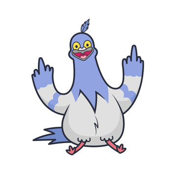 Vector funny illustration of the dove with hand gesture fuck. Sticker of the vulgar bird. Template of print for t-shirts.