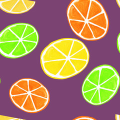 Gouache citrus seamless pattern. Hand painted fresh ripe summer lemon fruits on purple background. Oranges, limes and lemons slices, isolated. Colorful healthy food art print