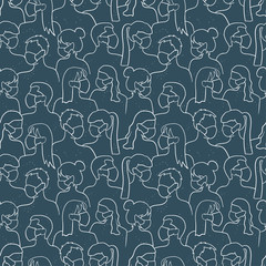 Simple hand drawn seamless pattern with crowded people wearing masks to protect them - vector design