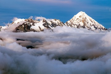 Evening view of Mount Salkantay in the middle of clouds