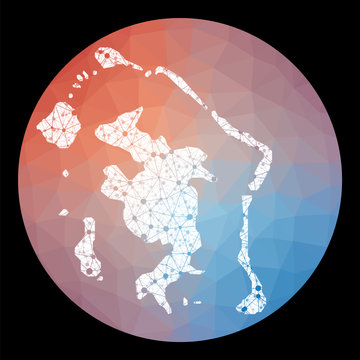 Vector network Bora Bora map. Map of the island with low poly background. Rounded Bora Bora illustration in technology, internet, network, telecommunication concept style.