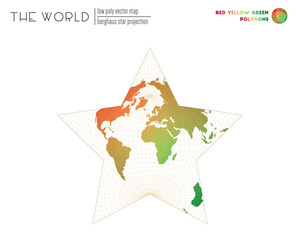 Abstract world map. Berghaus star projection of the world. Red Yellow Green colored polygons. Elegant vector illustration.