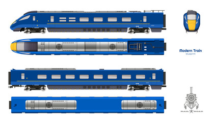 Isolated blueprint of blue modern train. Side, top and front views. Realistic 3d locomotive. Railway vehicle. Railroad pessenger transport