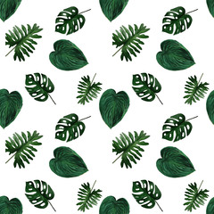 Original seamless tropical pattern with bright green plants and leaves on white background. Seamless pattern with colorful leaves of colocasia, filodendron, monstera. Exotic wallpaper. Hawaiian style