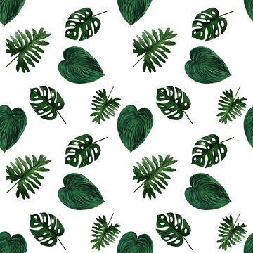 Original seamless tropical pattern with bright green plants and leaves on white background. Seamless pattern with colorful leaves of colocasia, filodendron, monstera. Exotic wallpaper. Hawaiian style