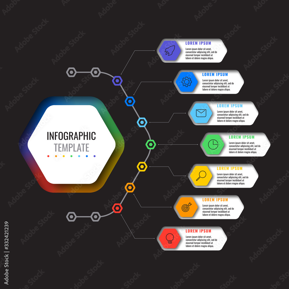 Aufkleber business infographic template with seven realistic hexagonal elements with thin line icons on black 