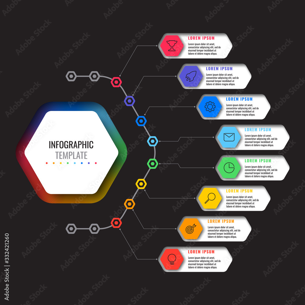 Aufkleber business infographic template with eight realistic hexagonal elements with thin line icons on black 