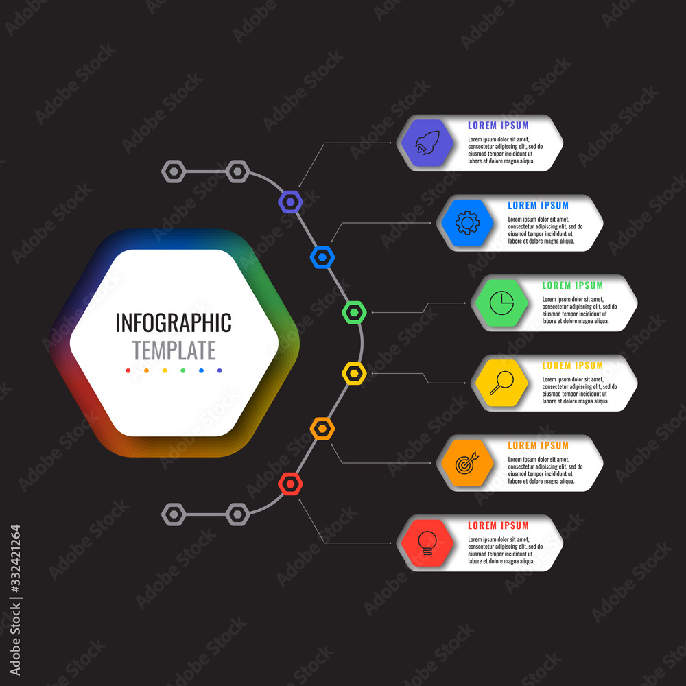 Poster business infographic template with six realistic hexagonal elements with thin line icons on black ba