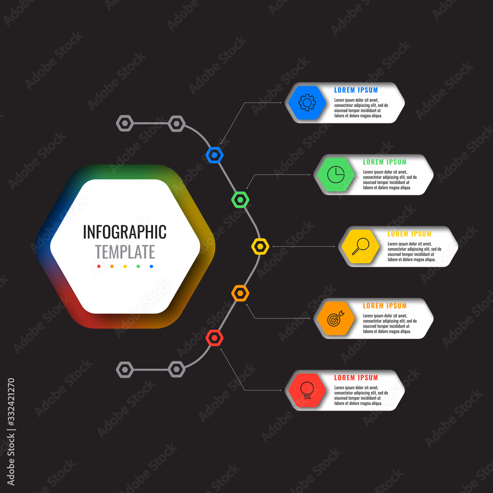 Aufkleber business infographic template with five realistic hexagonal elements with thin line icons on black b