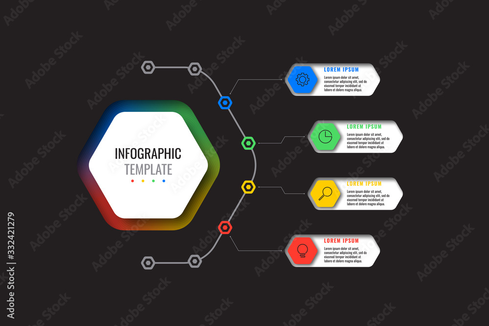 Aufkleber business infographic template with four realistic hexagonal elements with thin line icons on black b