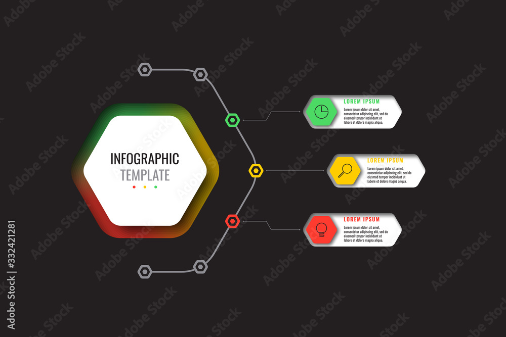 Aufkleber business infographic template with three realistic hexagonal elements with thin line icons on black 