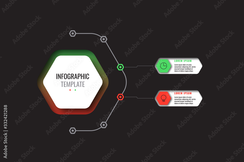 Aufkleber business infographic template with two realistic hexagonal elements with thin line icons on black ba