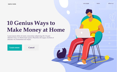 Flat vector concept illustration. A freelancer working at home with cat.