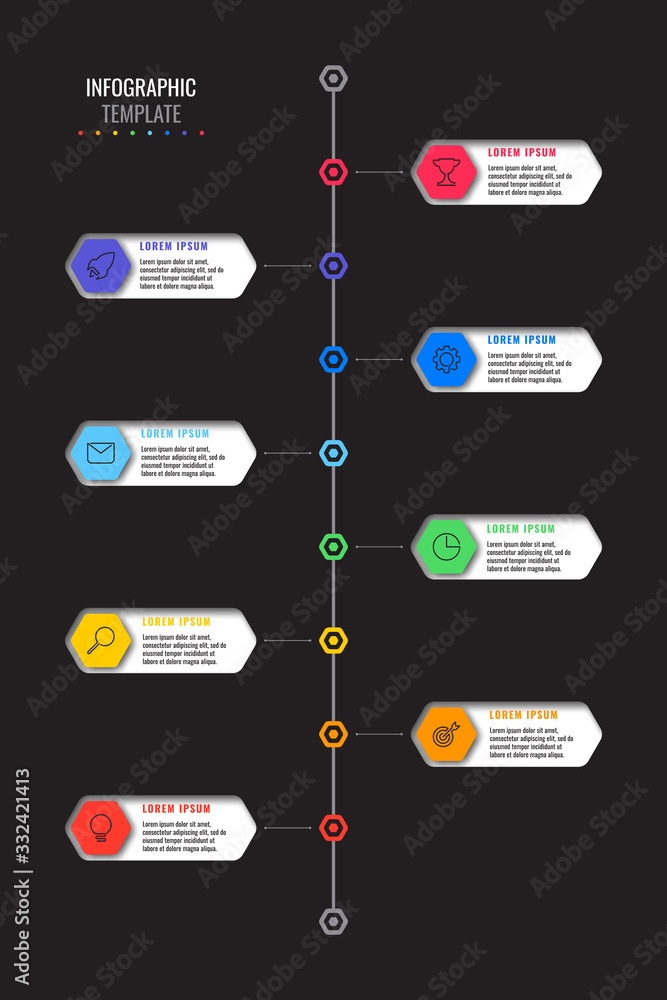 Aufkleber vertical timeline template with eight realistic hexagonal elements with thin line icons on black bac