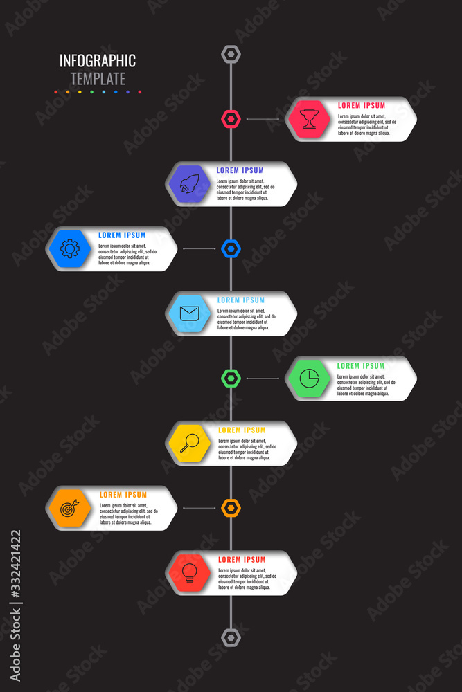 Aufkleber vertical timeline template with eight realistic hexagonal elements with thin line icons on black bac