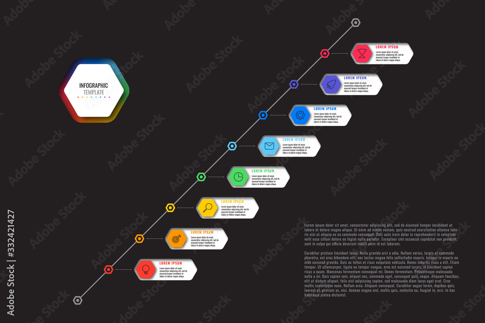Aufkleber diagonal timeline template with eight realistic hexagonal elements with thin line icons on black bac