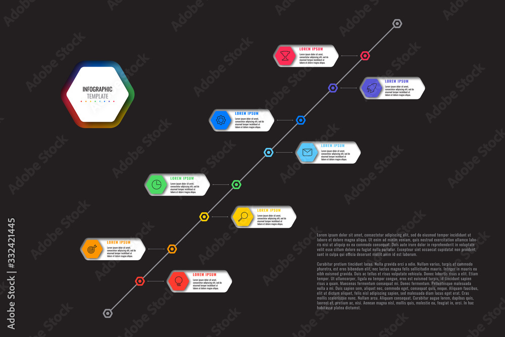 Aufkleber diagonal timeline template with eight realistic hexagonal elements with thin line icons on black bac