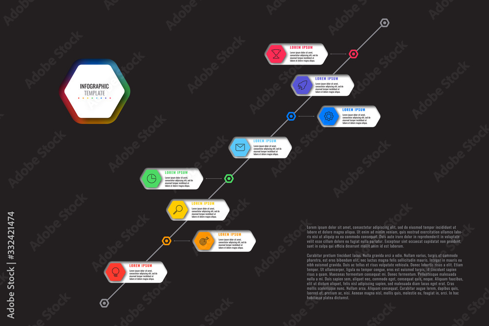 Aufkleber diagonal timeline template with eight realistic hexagonal elements with thin line icons on black bac