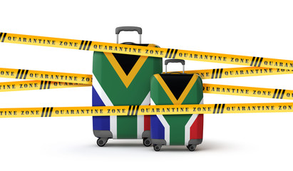 South Africa flag suitcase covered in quarantine zone tape. 3D Render
