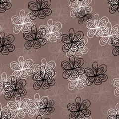 Seamless repeat pattern with hand drawn white, black, beige flowers on gray background.Great for wedding decor, wrapping paper, background, fabric print, web page backdrop, wallpaper